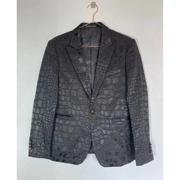 Kowaun Keenly Mens Long Sleeve Blazer Suit Jacket Embossed Crocodile Black 48 M - Picture 1 of 11